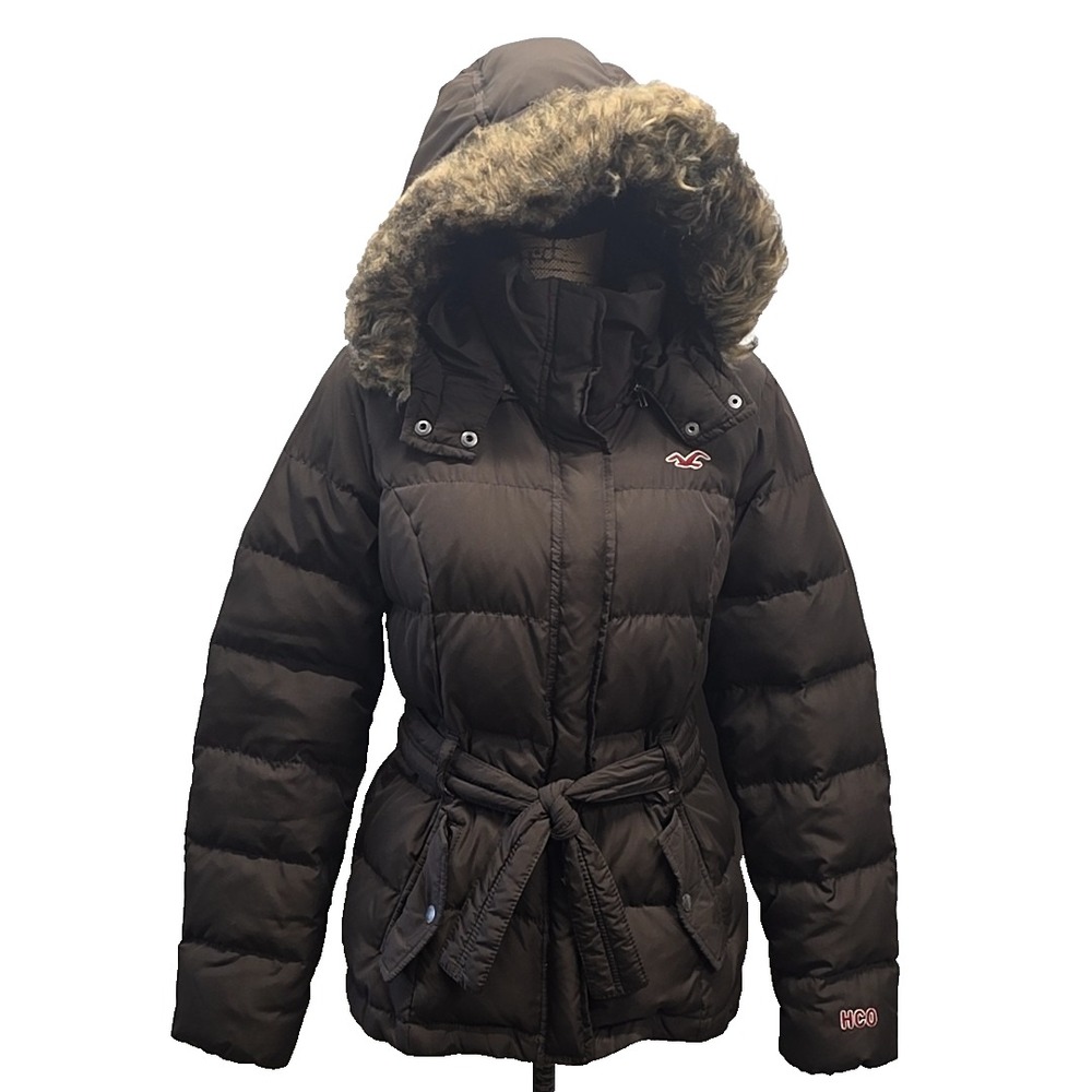 Vtg Y2K Hollister Puffer Jacket Women Large Brown Down Fill Faux Fur Hood Belted